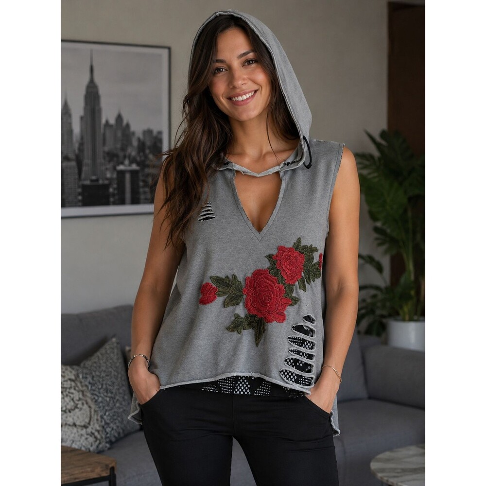 Vintage Womens Distressed Pull Over Sleeveless Hoodie Size Medium NWT